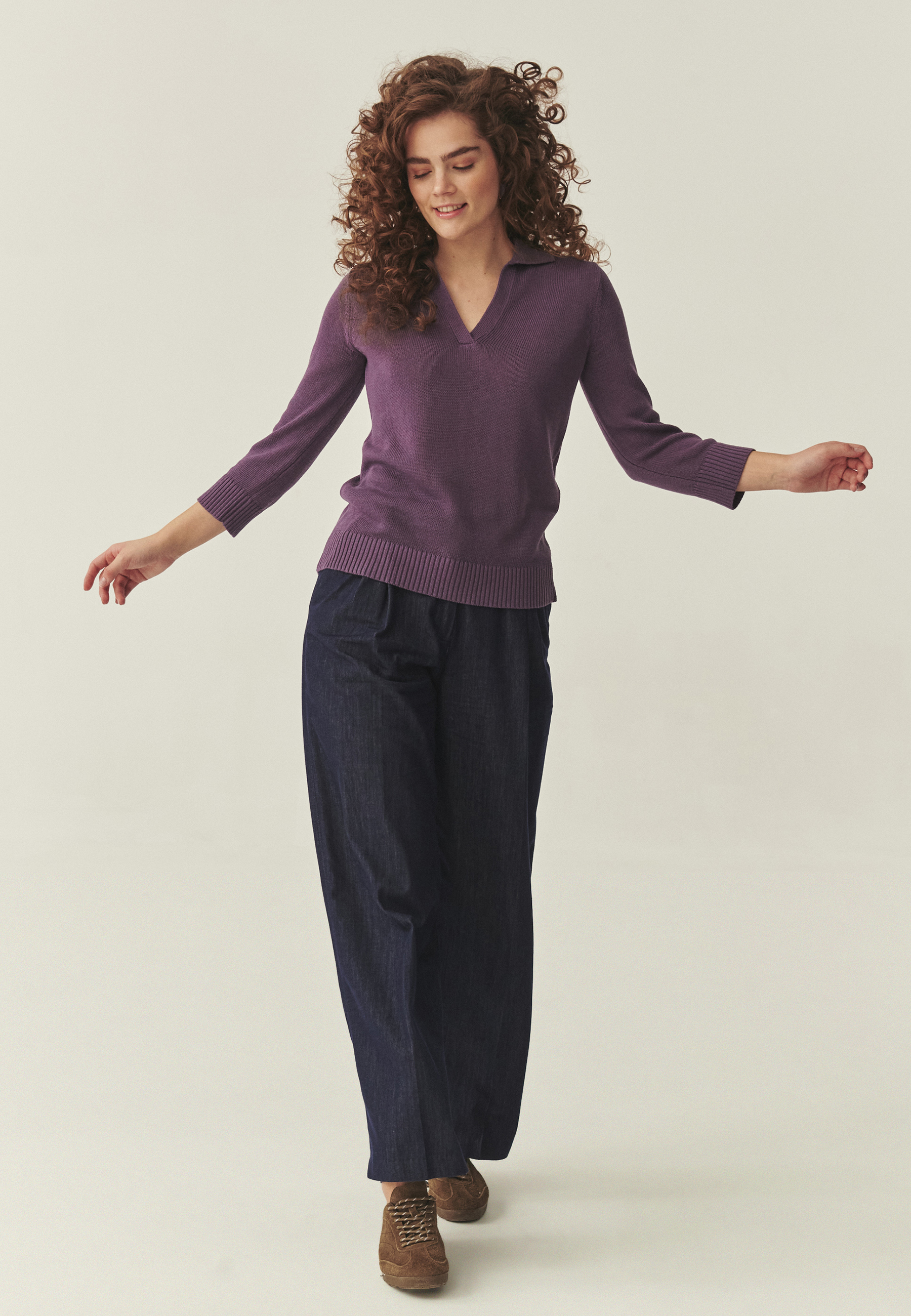 SWETER Z DOMIESZKĄ LNU - IVA FIOLETOWY 2