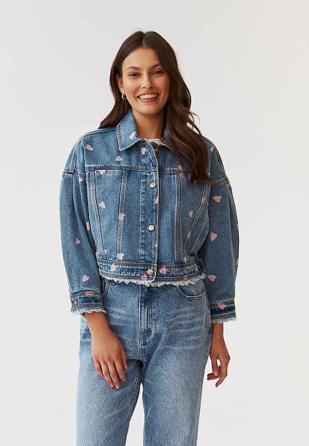 OVERSIZED LADIES’ DENIM JACKET PRINTED WITH HEARTS - NAMIA OVERSIZED LADIES’ DENIM JACKET PRINTED WITH HEARTS - NAMIA BLUE 3