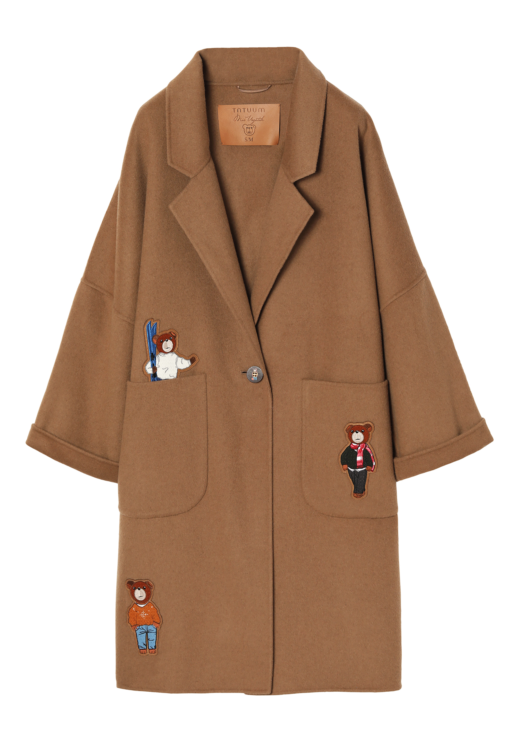 OVERSIZOWY PŁASZCZ DAMSKI Z NASZYWKAMI Z MISIEM USZATKIEM MISIOLANTA