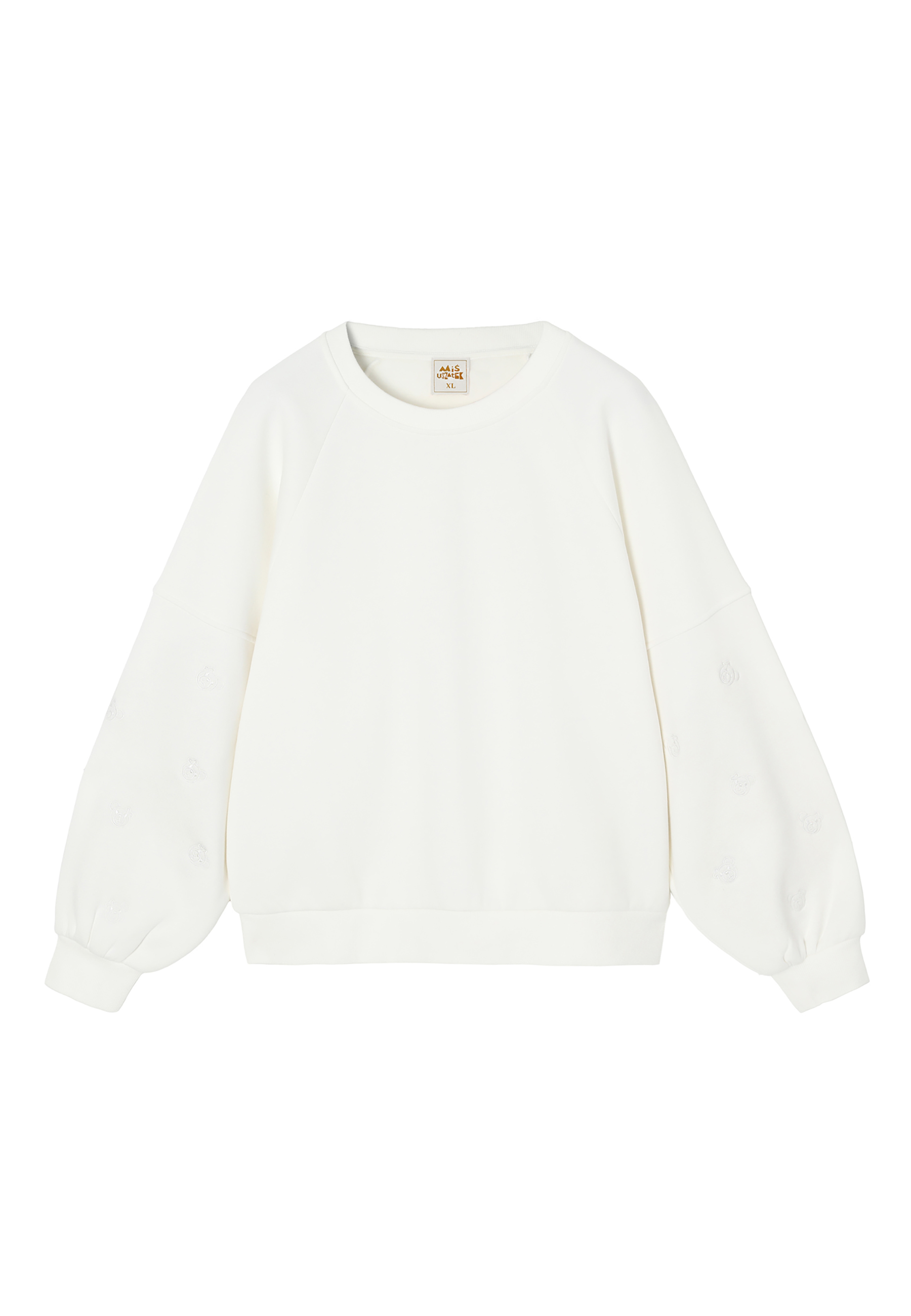 DZIANINOWA BLUZA DAMSKA Z WYSZYWANYMI RĘKAWAMI I MOTYWEM MISIA USZATKA — FAME ECRU 2