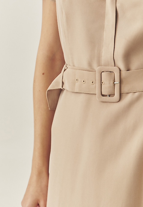 LADIES’ MIDI SHORT-SLEEVED DRESS WITH BELT AND A BUCKLE - KORMI BEIGE 2