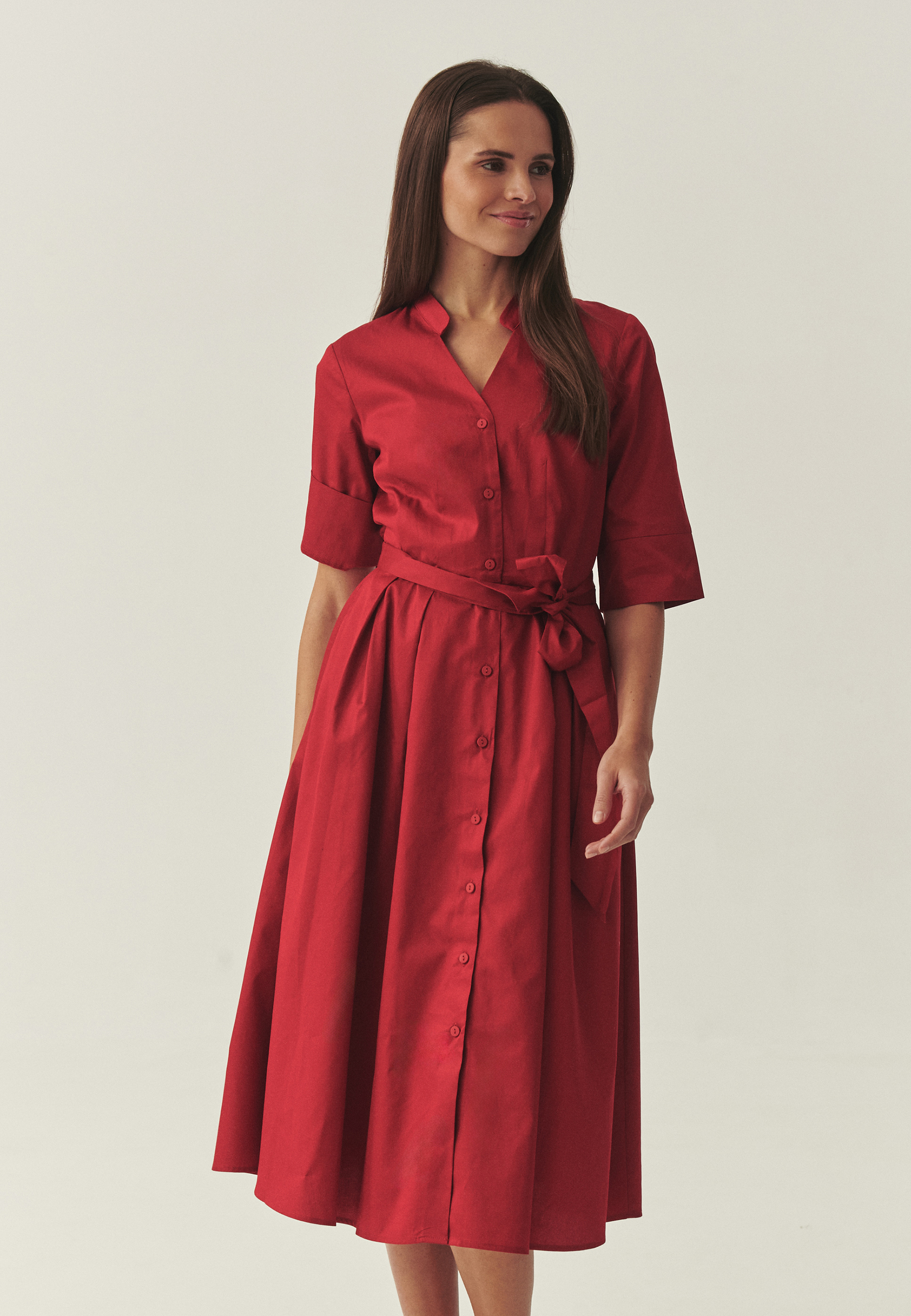 BAWEŁNIANA SUKIENKA Z TKANINOWYM PASKIEM - TIRAMI CZERWONY 2