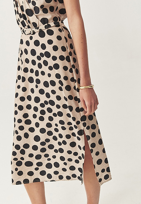 KOPERTOWA SUKIENKA MIDI Z AUTORSKIM WZOREM - MONESTA BEŻOWY 2