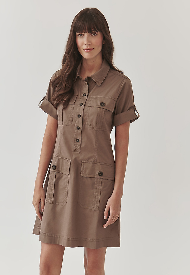 PLÁTĚNÉ KOŠILOVÉ ŠATY S VYHRNOVACÍMI RUKÁVY - SAPRITI PLÁTĚNÉ KOŠILOVÉ ŠATY S VYHRNOVACÍMI RUKÁVY - SAPRITI KHAKI 1