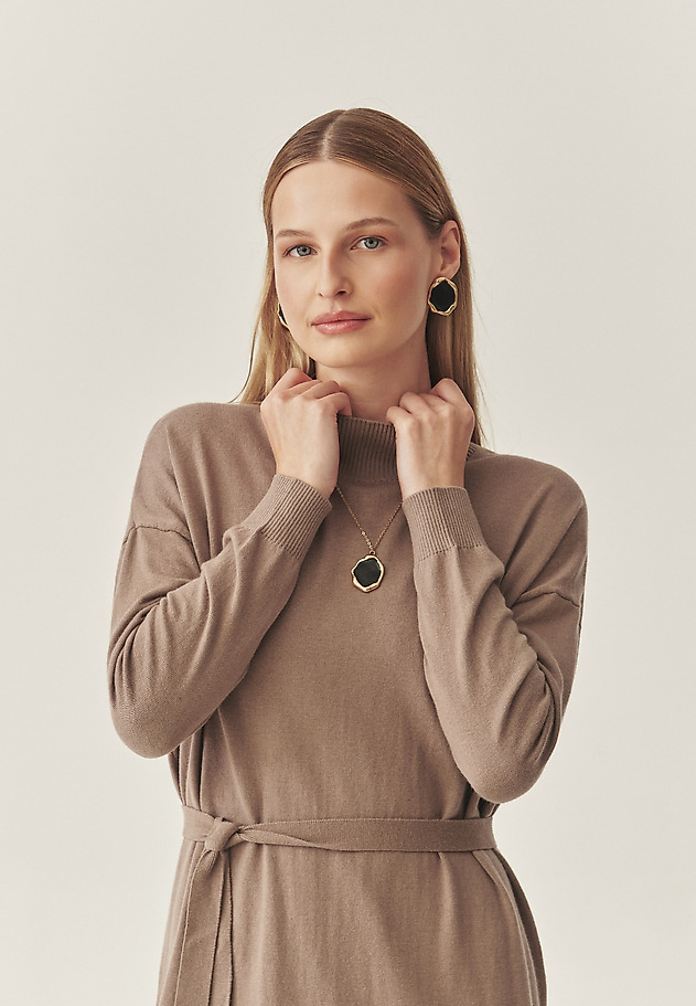 KNITTED LADIES' DRESS WITH TIE WAIST BELT - AZALEA color BROWN KNITTED LADIES' DRESS WITH TIE WAIST BELT - AZALEA color BROWN