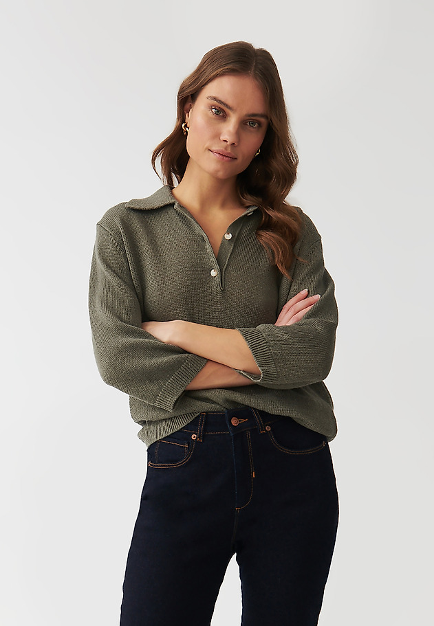 LNIANY SWETER DAMSKI Z KOŁNIERZYKIEM - TASZKA LNIANY SWETER DAMSKI Z KOŁNIERZYKIEM - TASZKA KHAKI 1
