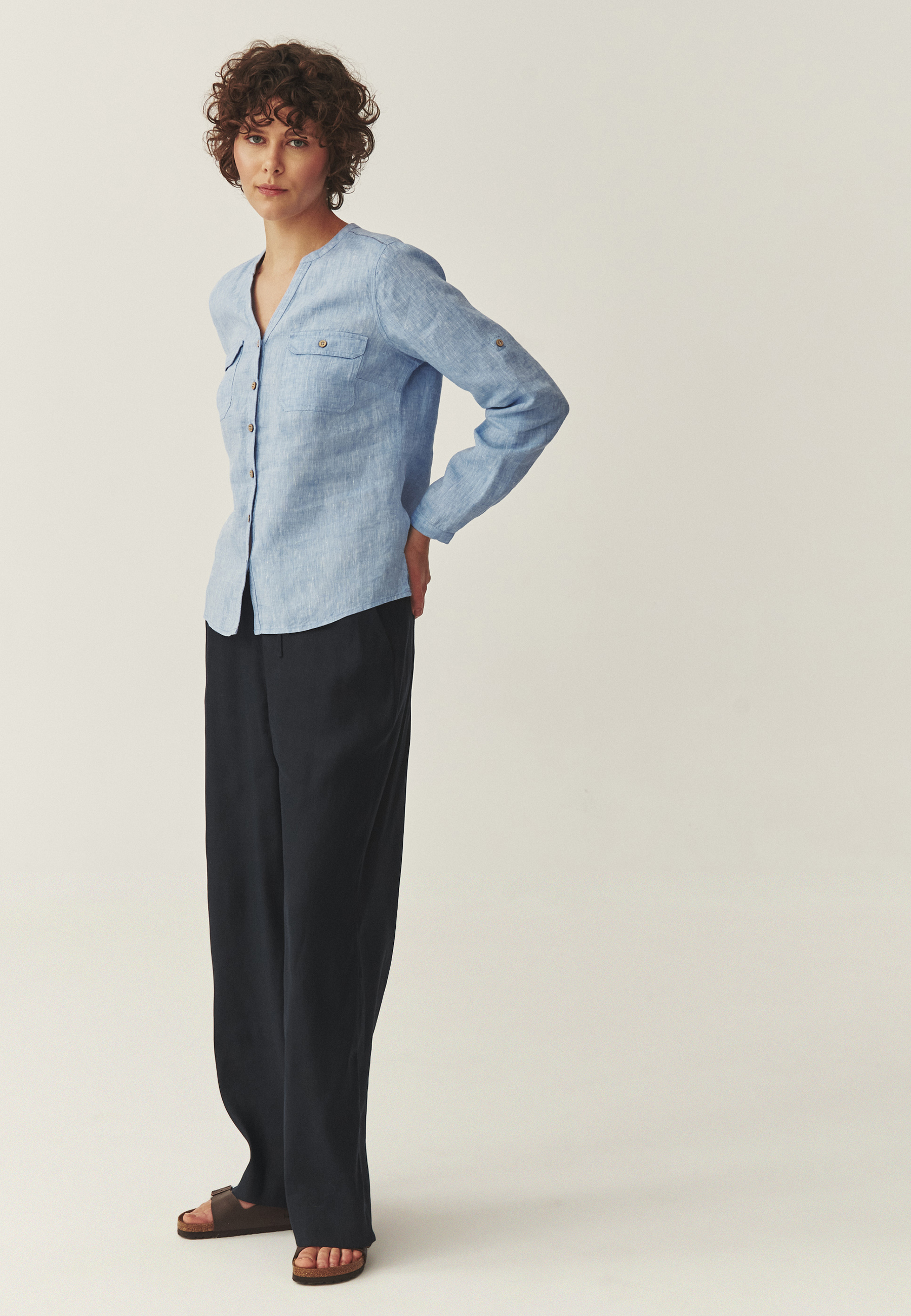 CĂMAȘĂ DIN IN, CU BUZUNARE - JUSTYNA 2 ALBASTRU 2