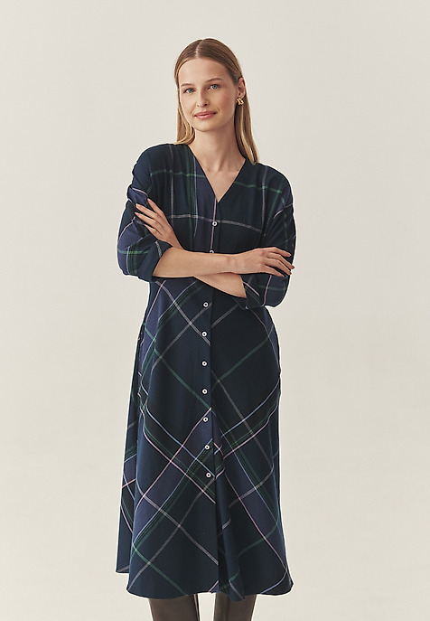 ROCHIE EVAZATĂ DIN ȚESĂTURĂ ÎN CAROURI CU MÂNECI 3/4 — SAMOTALI MULTICOLOR 2