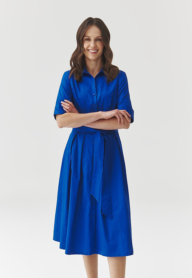 SHORT-SLEEVED FLARED MIDI DRESS — NIKI SHORT-SLEEVED FLARED MIDI DRESS — NIKI BLUE 1