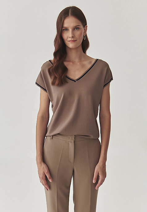 LADIES’ BLOUSE WITH A CONTRASTING RIBBING - SORA BEIGE 2