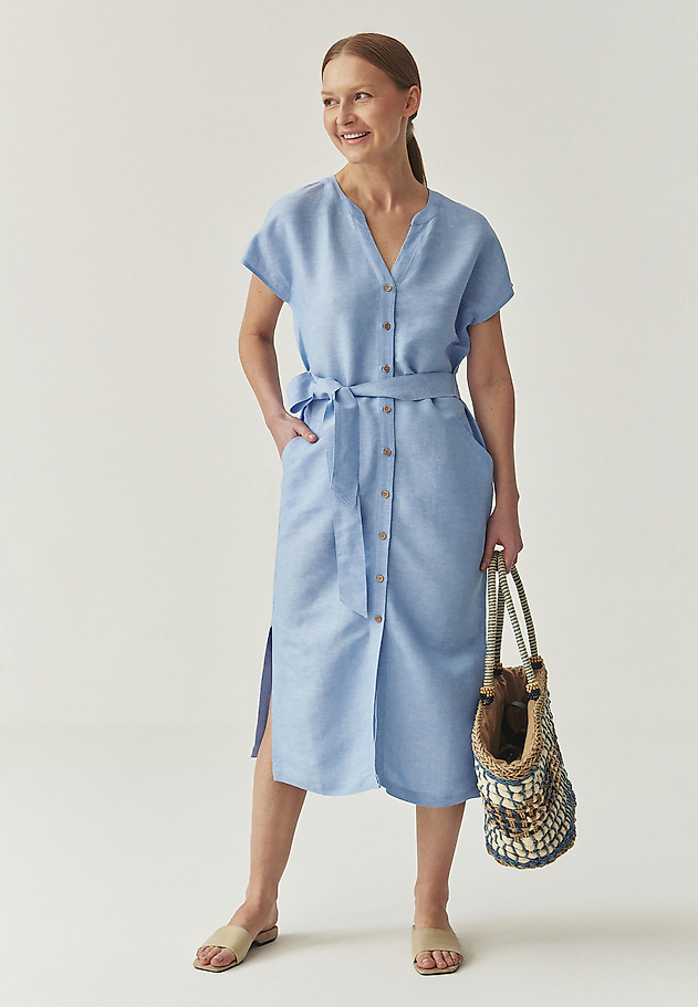 SHIRT MIDI DRESS WITH LINEN - ZEWI SHIRT MIDI DRESS WITH LINEN - ZEWI NIEBIESKI 1