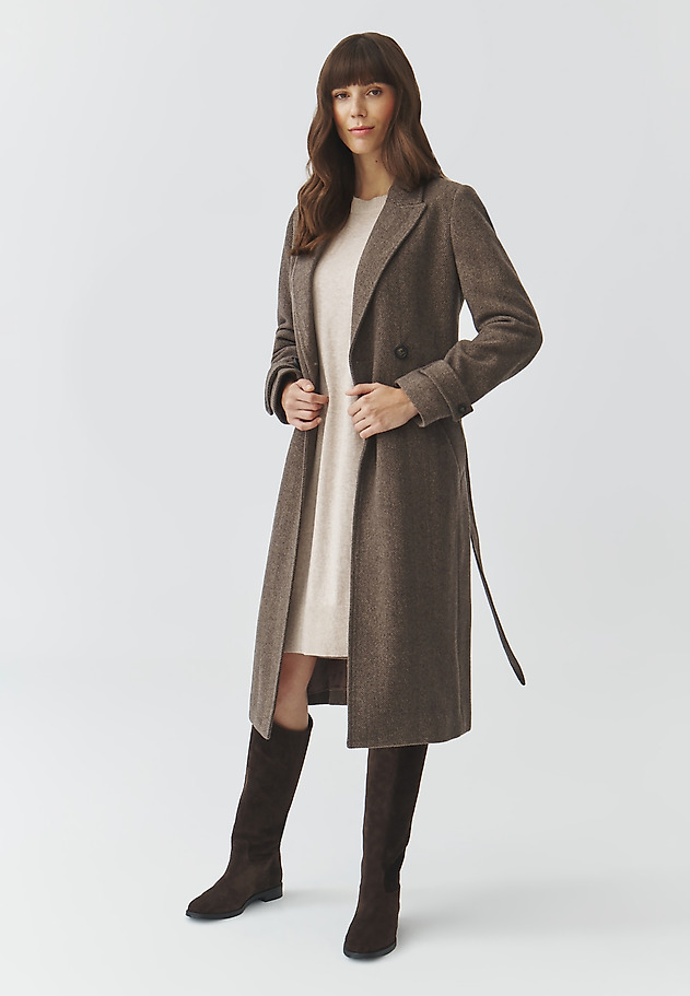 LADIES' DOUBLE-BREASTED HERRINGBONE FABRIC COAT WITH BELT — TEA 1 LADIES' DOUBLE-BREASTED HERRINGBONE FABRIC COAT WITH BELT — TEA 1 BEŻOWY 1
