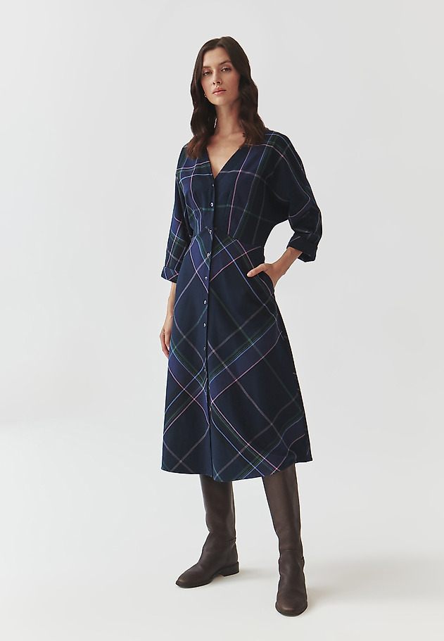3/4 SLEEVE FLARED CHECKERED FABRIC DRESS — SAMOTALI 3/4 SLEEVE FLARED CHECKERED FABRIC DRESS — SAMOTALI MULTIKOLOR 1