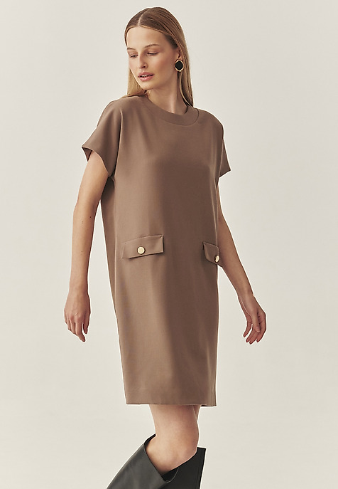 LADIES’ DRESS WITH DECORATIVE POCKETS - MENIRKO BEIGE 2