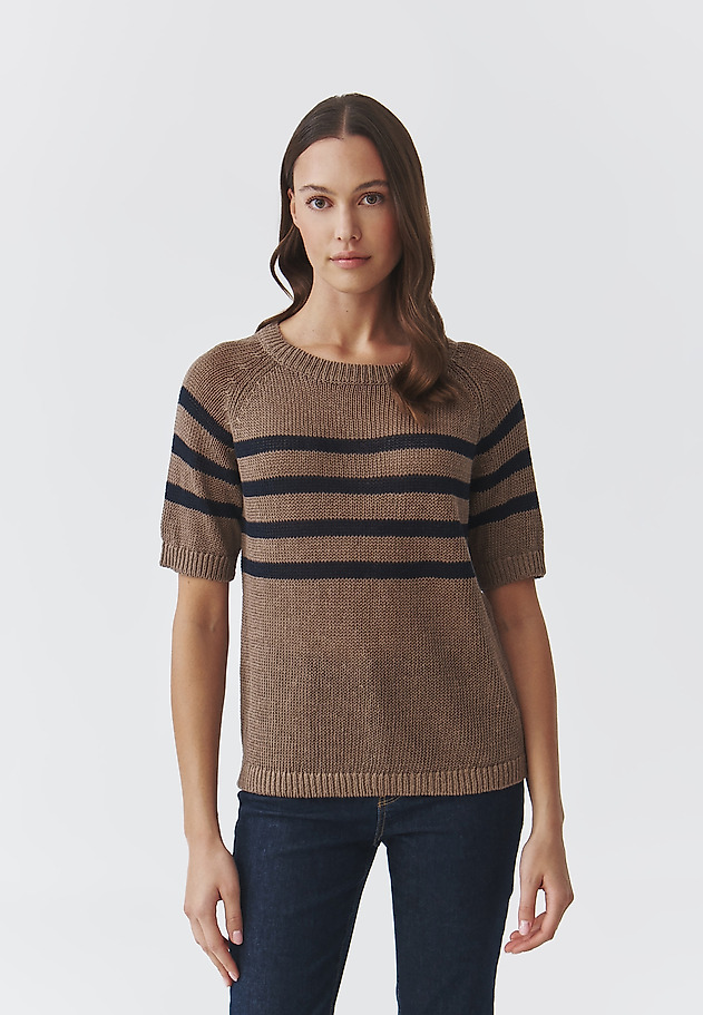 LADIES' LINEN CROSS-STRIPED JUMPER — ELEA LADIES' LINEN CROSS-STRIPED JUMPER — ELEA BRĄZOWY 1