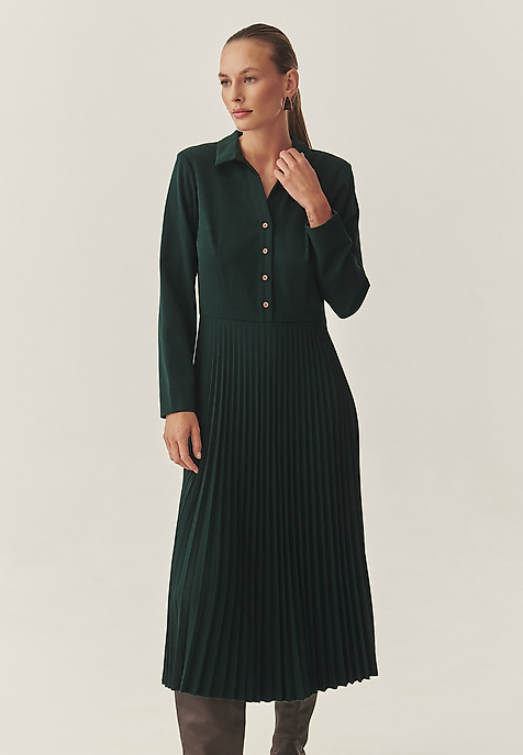 ROCHIE DIN ȚESĂTURĂ CU GULER ȘI BAZĂ PLISATĂ — NOKA VERDE 2