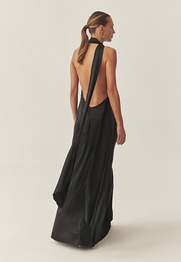 WOVEN SATIN MAXI DRESS WITH OPEN BACK EMU color BLACK WOVEN SATIN MAXI DRESS WITH OPEN BACK EMU color BLACK
