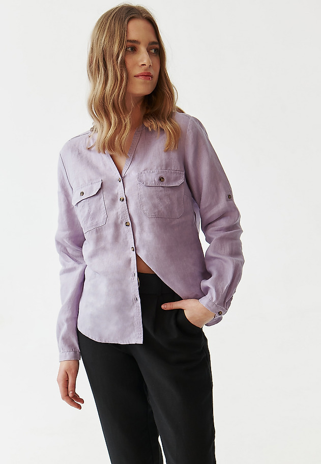 LADIES’ LINEN SHIRT WITH ROLLED-UP SLEEVES - JUSTYNA LADIES’ LINEN SHIRT WITH ROLLED-UP SLEEVES - JUSTYNA FIOLETOWY 1