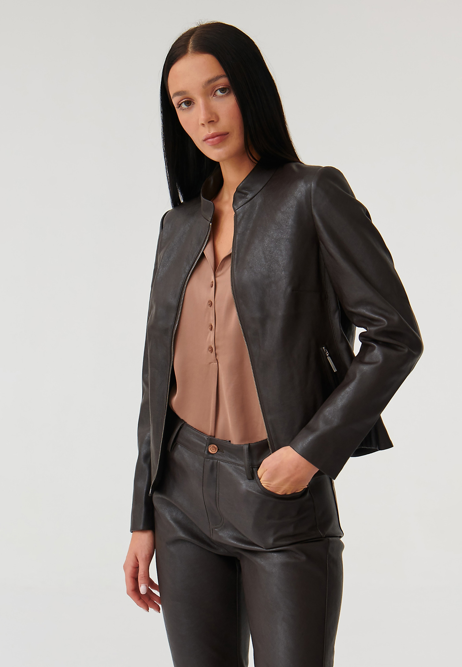 LADIES’ JACKET IN KNITTED FABRIC IMITATING LEATHER BAMI LADIES’ JACKET IN KNITTED FABRIC IMITATING LEATHER BAMI BROWN 89715