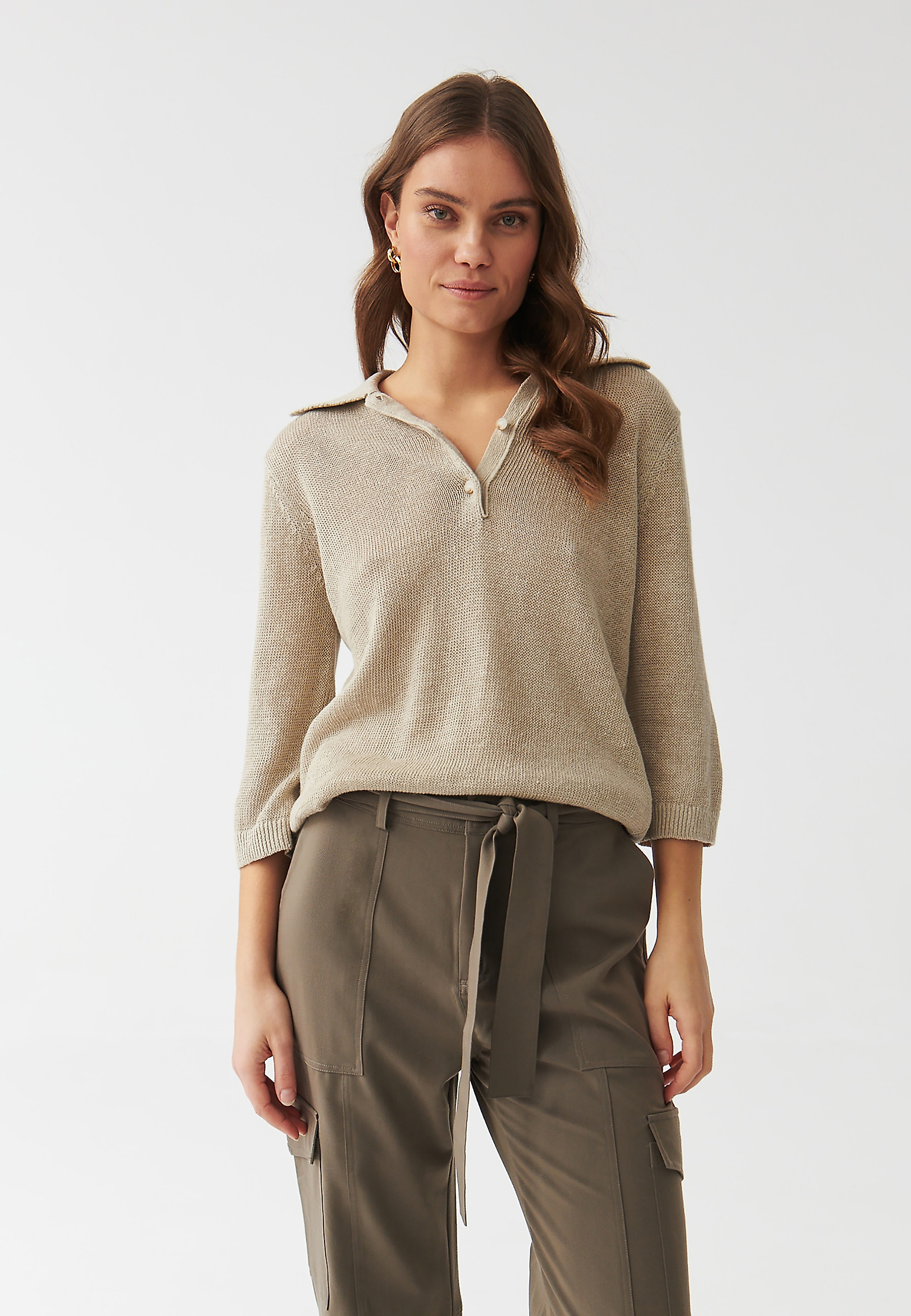 LADIES’ LINEN SWEATER WITH A COLLAR - TASZKA LADIES’ LINEN SWEATER WITH A COLLAR - TASZKA BEIGE 95977