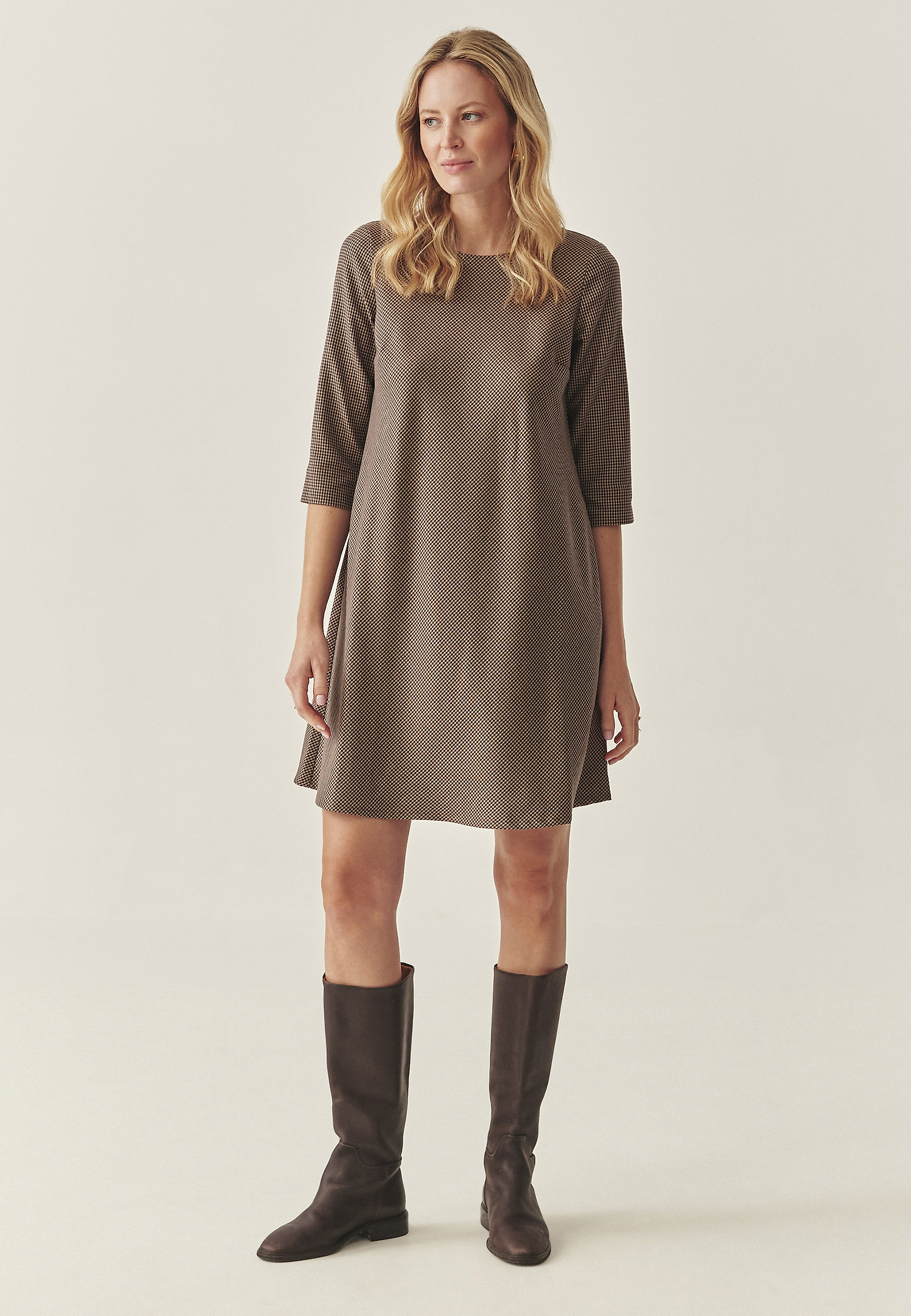 TRAPEZE DRESS IN HOUNDDTOOTH - GRACY TRAPEZE DRESS IN HOUNDDTOOTH - GRACY BEIGE 117571