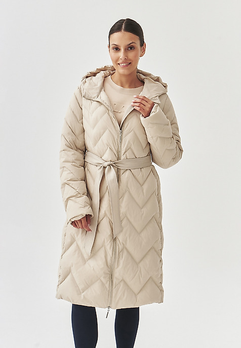 LADIES' PUFF COAT WITH HOOD AND TIE BELT - GAMI BEIGE 2