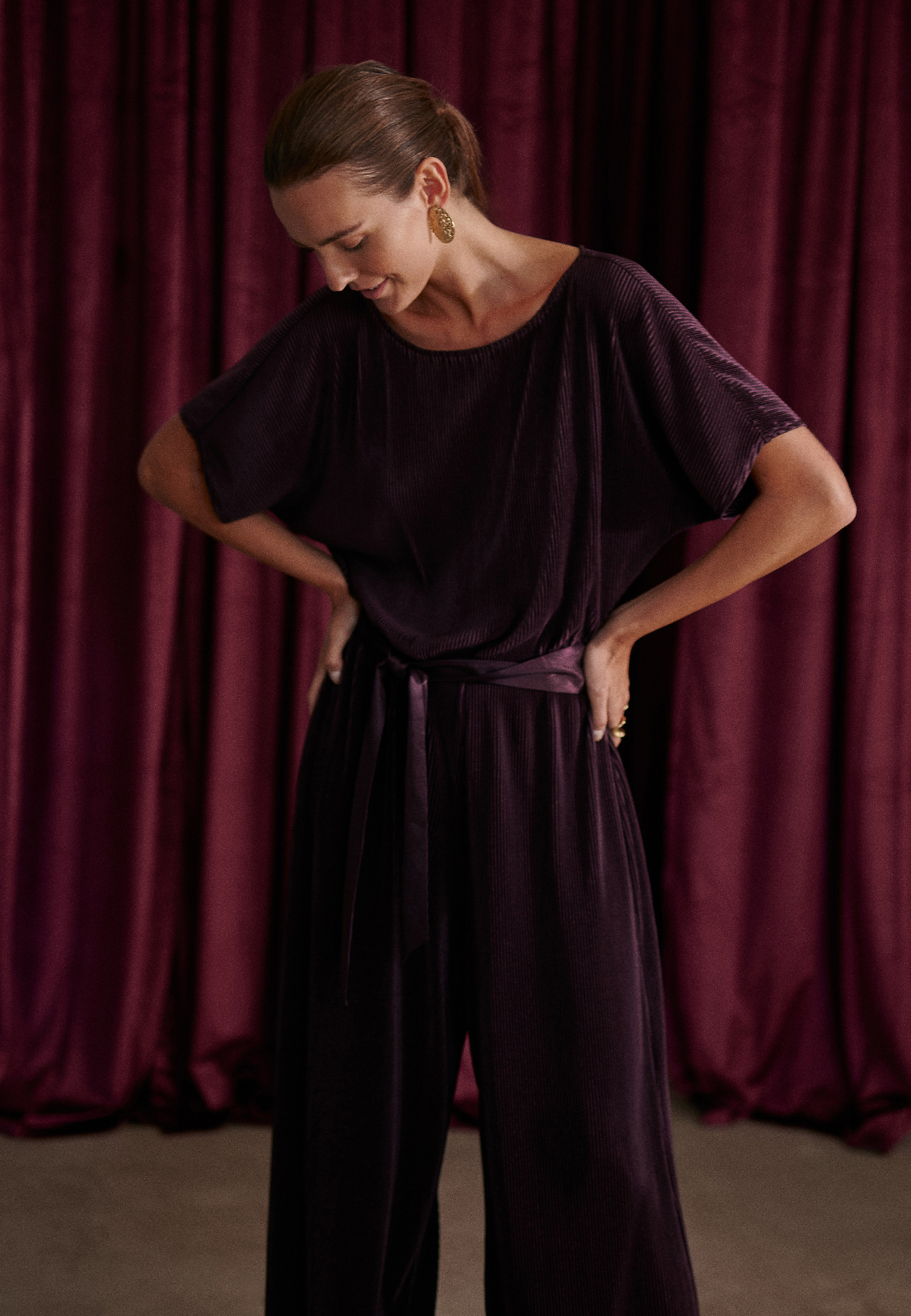 BURGUNDY WIDE-LEG JUMPSUIT - MILOUTI BURGUNDY WIDE-LEG JUMPSUIT - MILOUTI RED 119075