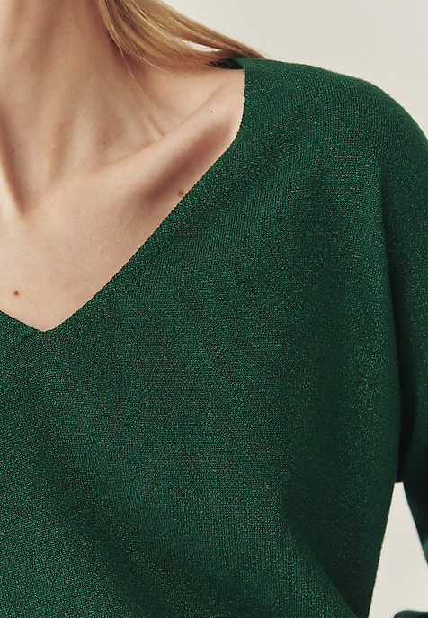 CLASSIC LADIES' JUMPER WITH V-NECK AND SHINY YARN — FLARE GREEN 2