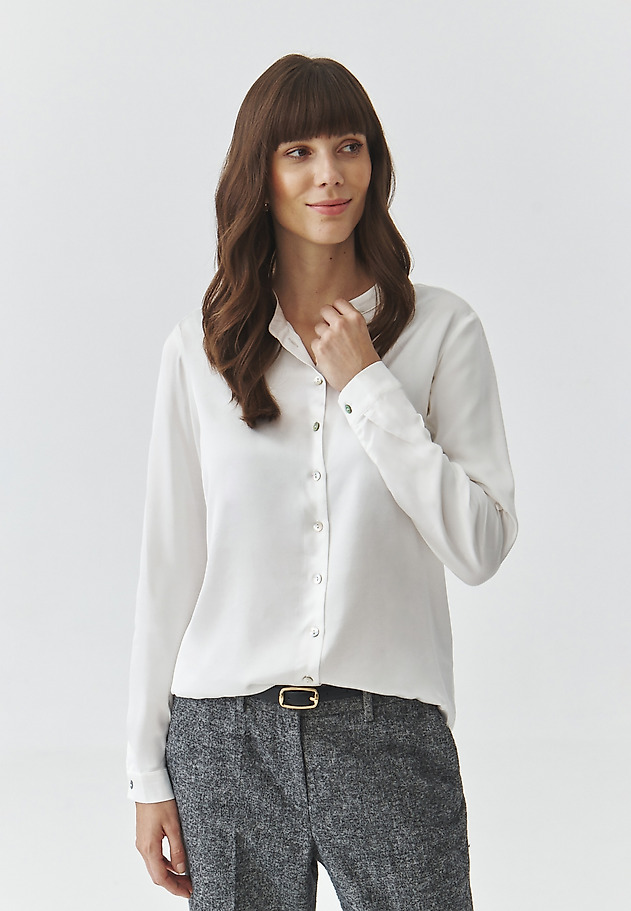 LADIES' FABRIC SHIRT WITH STAND-UP COLLAR AND SATIN TRIM — STENDI LADIES' FABRIC SHIRT WITH STAND-UP COLLAR AND SATIN TRIM — STENDI ECRU 1