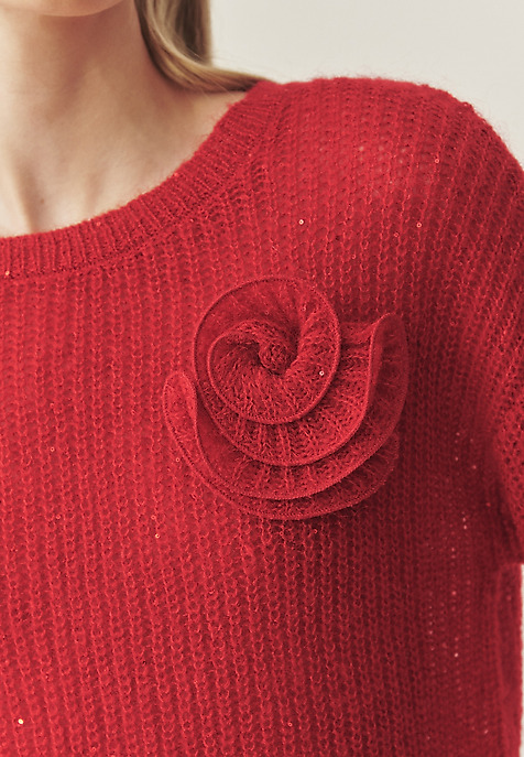 LADIES' JUMPER IN YARN WITH FLORAL, DECORATIVE ELEMENT — CLAIRE RED 2