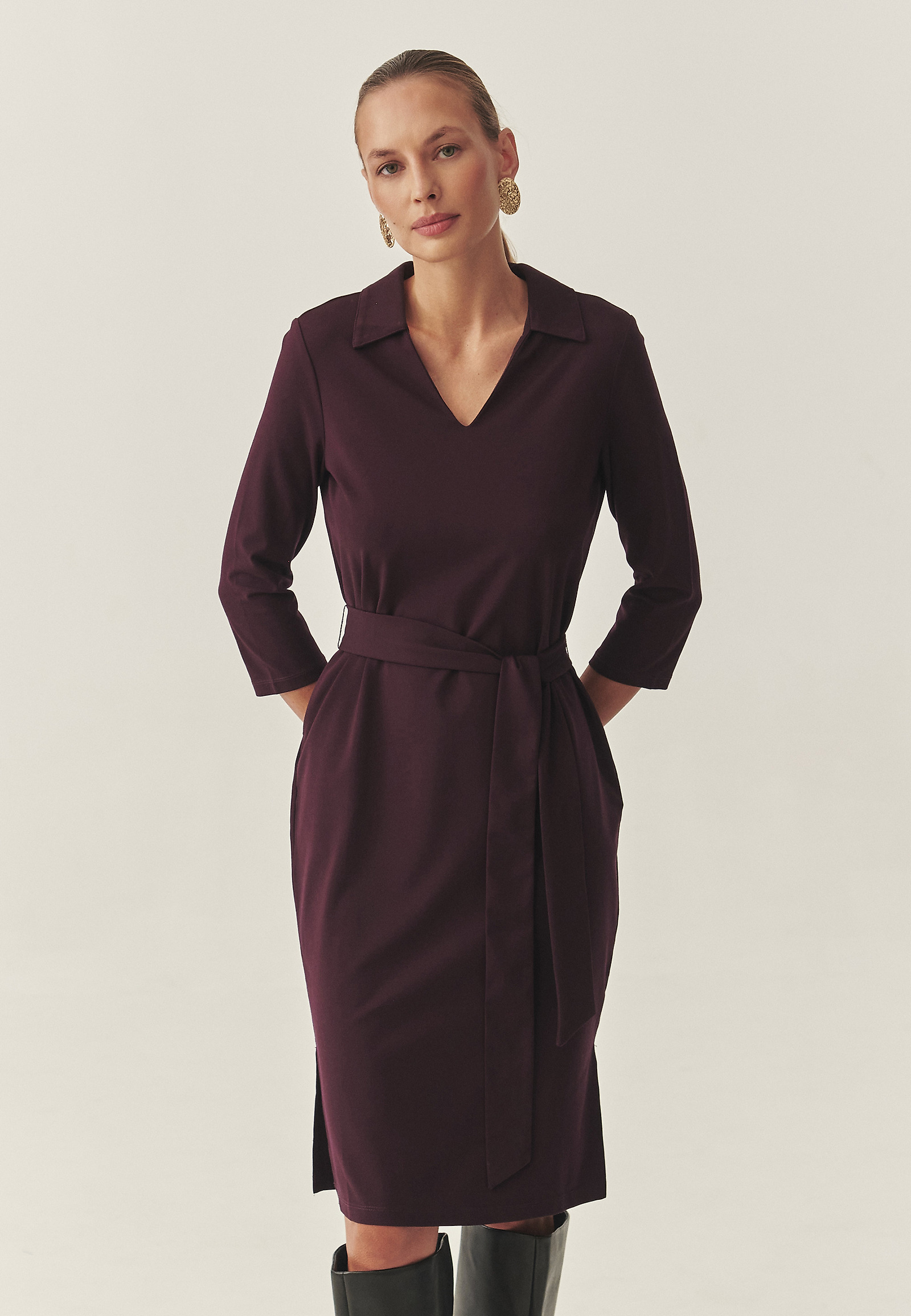 KNITTED DRESS WITH A WAIST TIE BELT — COLE KNITTED DRESS WITH A WAIST TIE BELT — COLE PURPLE 118612