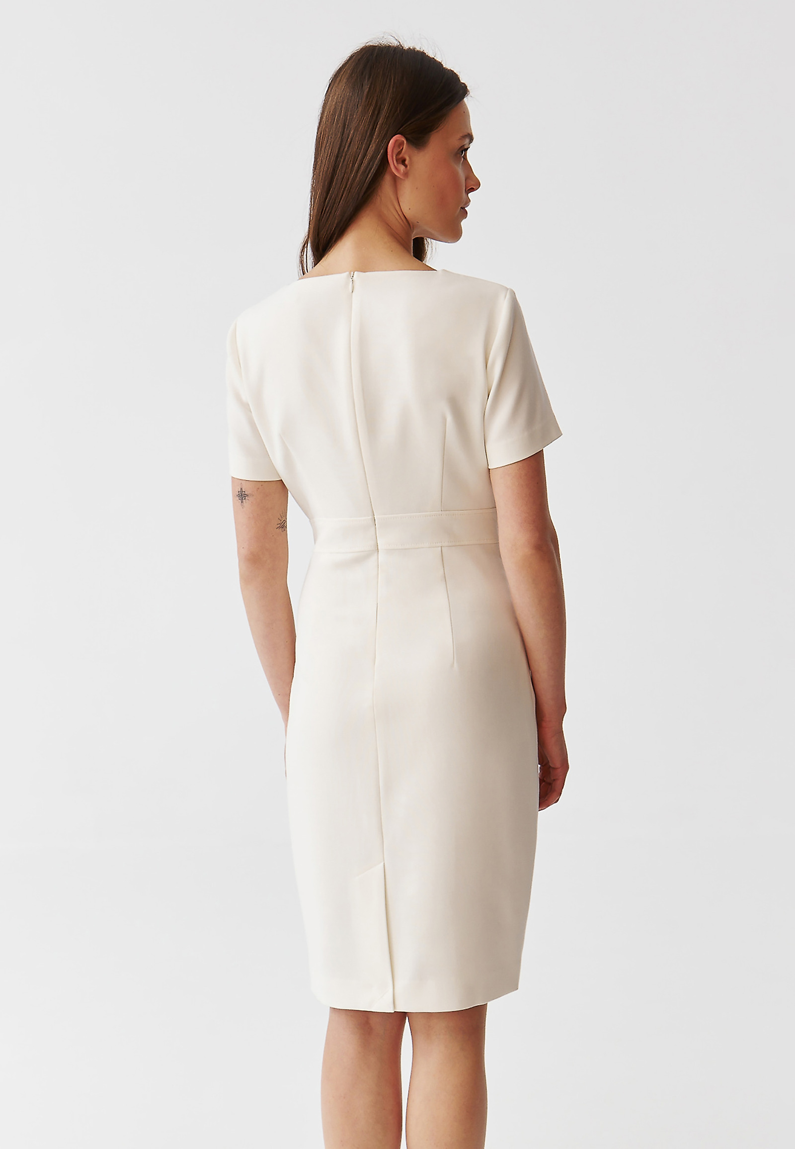 cream colored pencil dress Draped Lace Pencil Dress