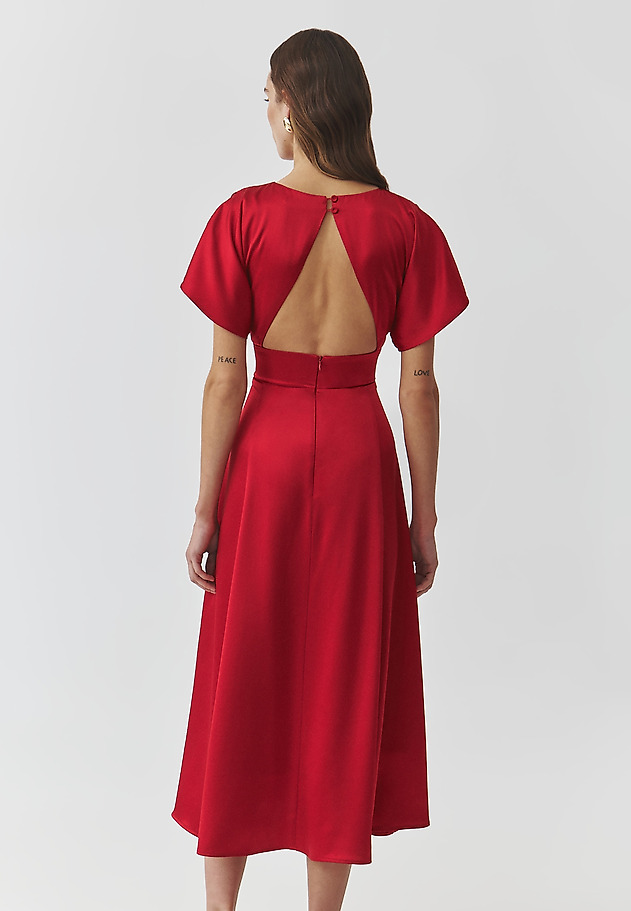 WOVEN SATIN MIDI DRESS — OTESSA WOVEN SATIN MIDI DRESS — OTESSA RED 3