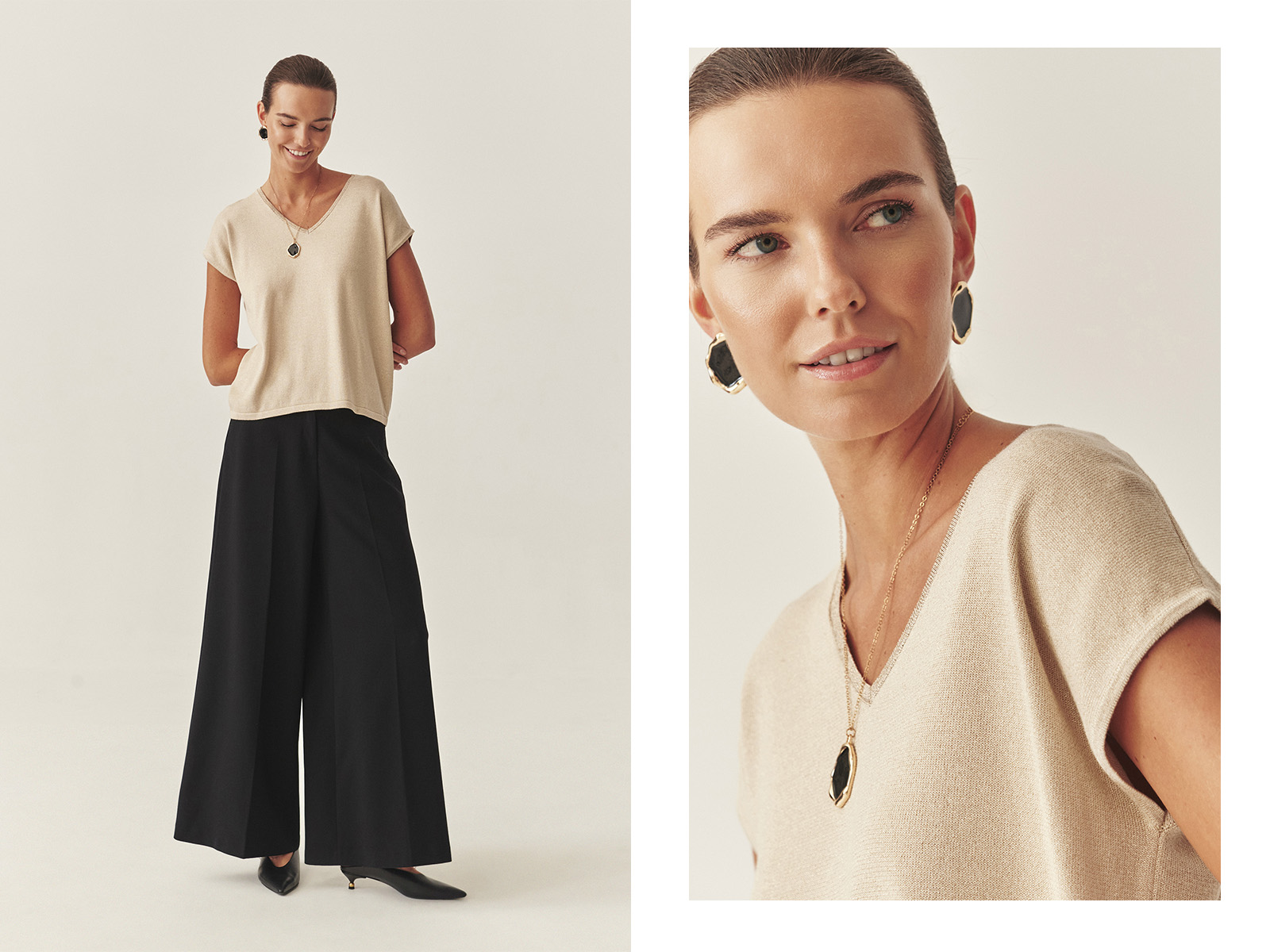 o femeie care poartă pantaloni largi și o bluză