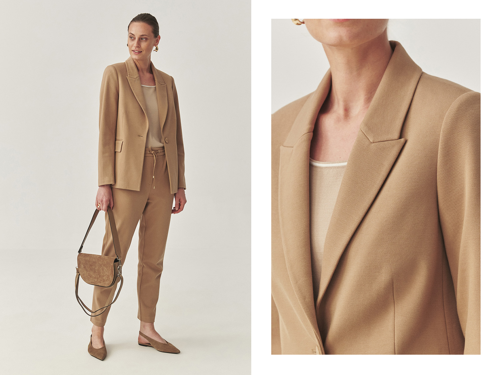 žena v béžovej bundi a béžových nohaviciach