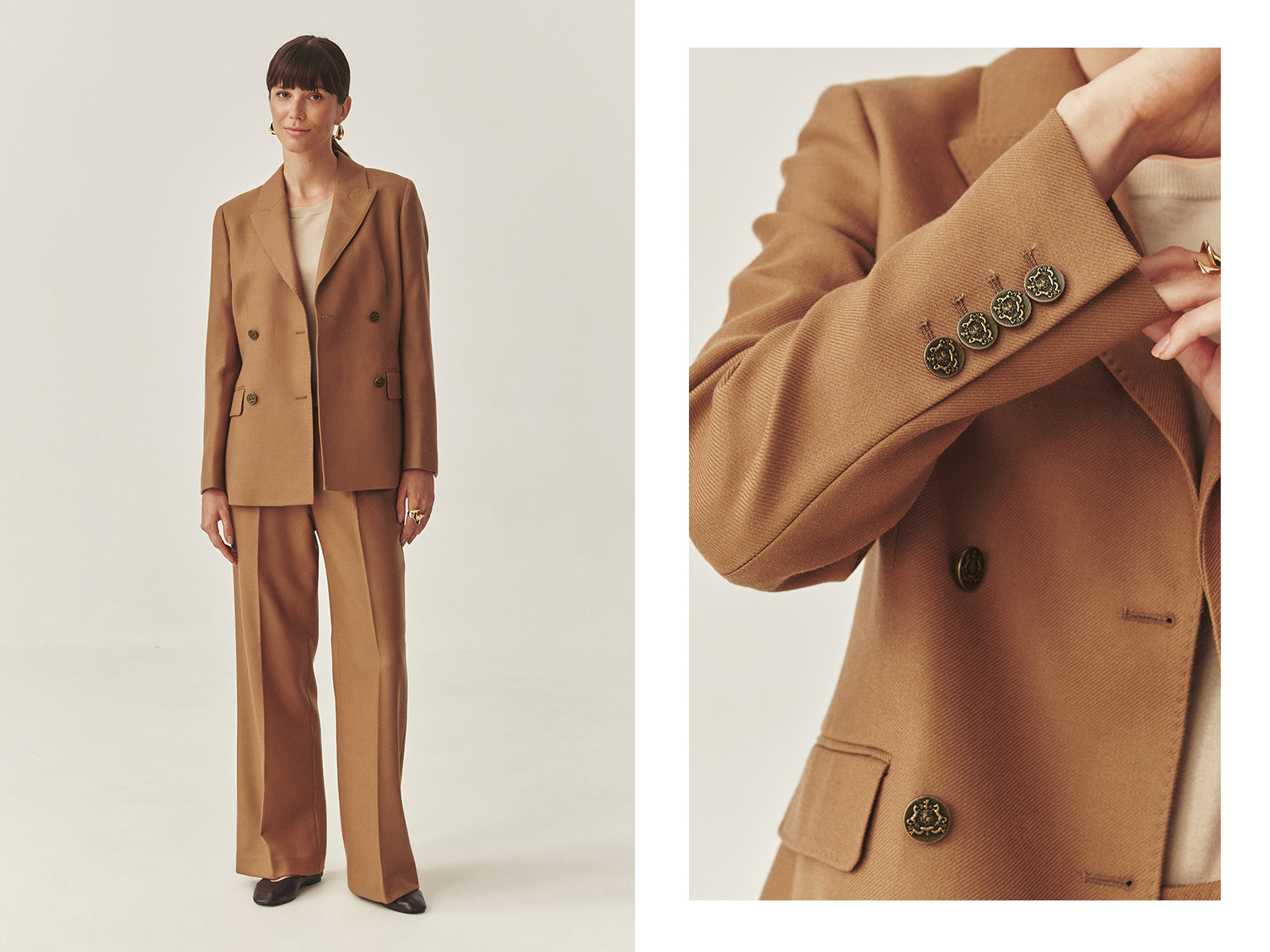 žena v béžovom, elegantnom kostýme