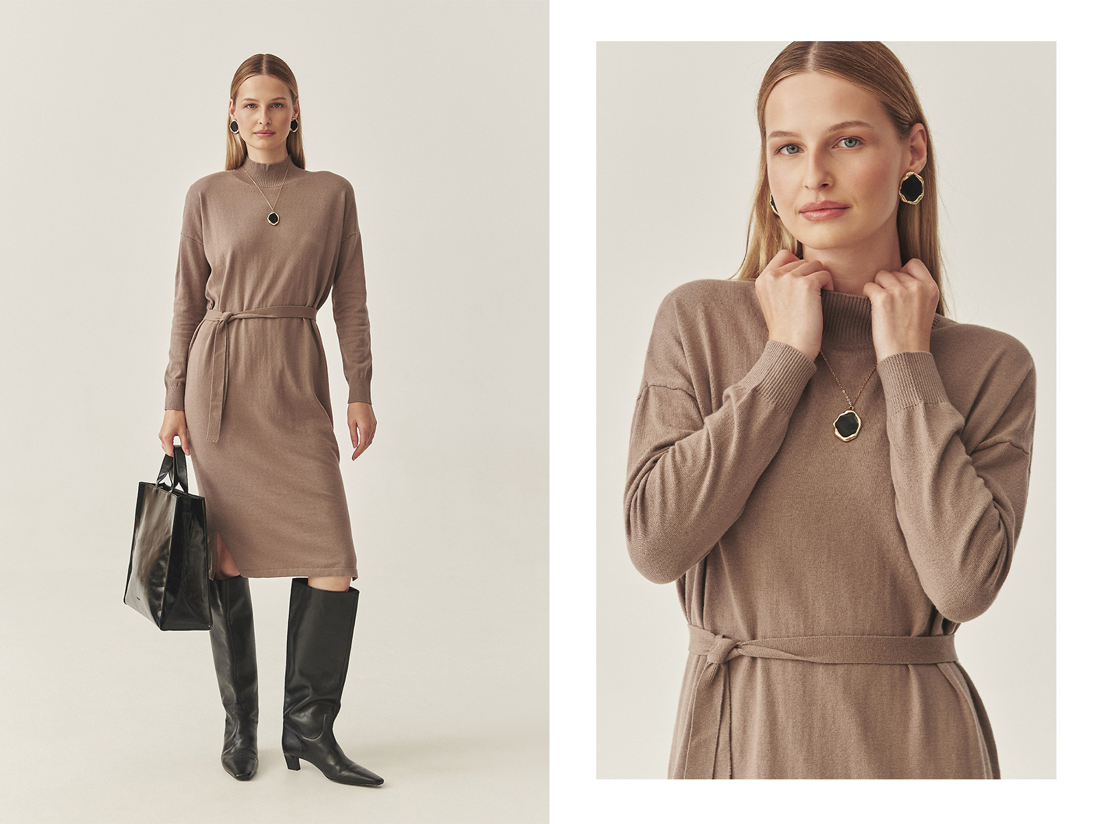 Kobieta w dzianinowej, beżowej sukience i czarno-błotej biżuterii