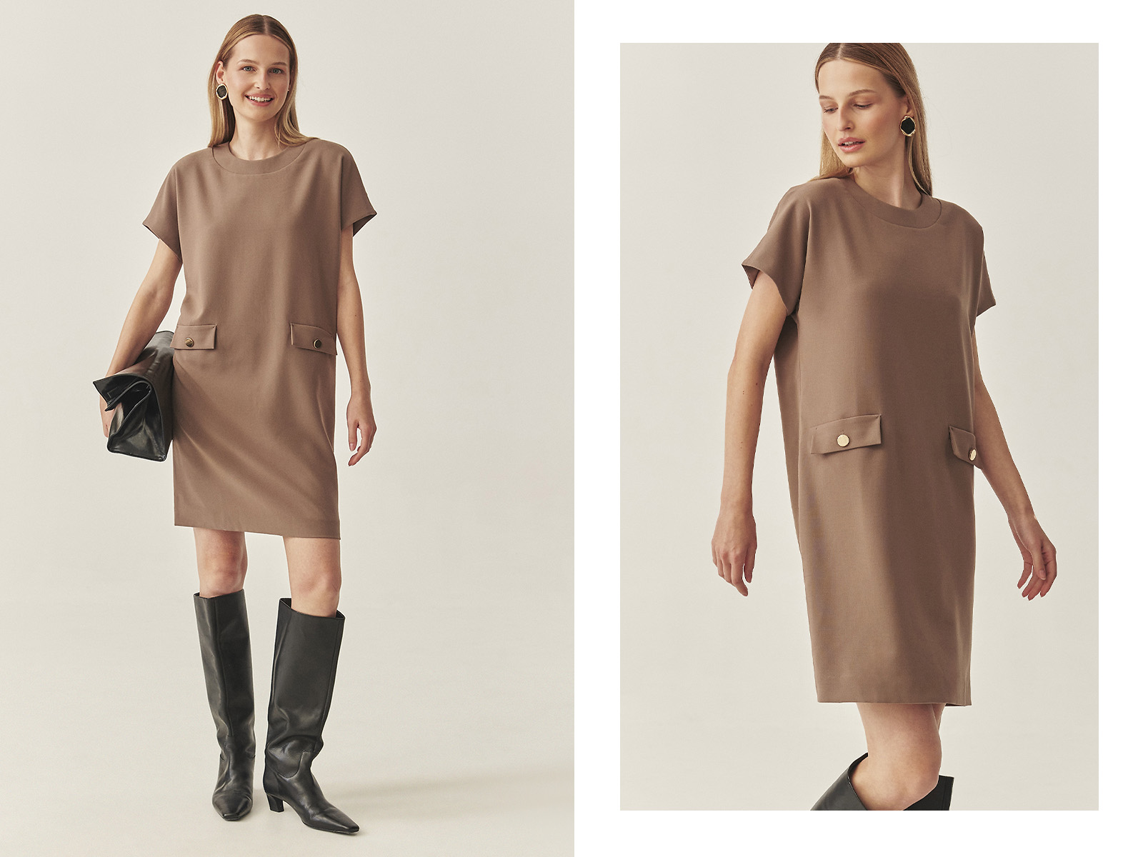 Kobieta w beżowej dzianinowej sukience