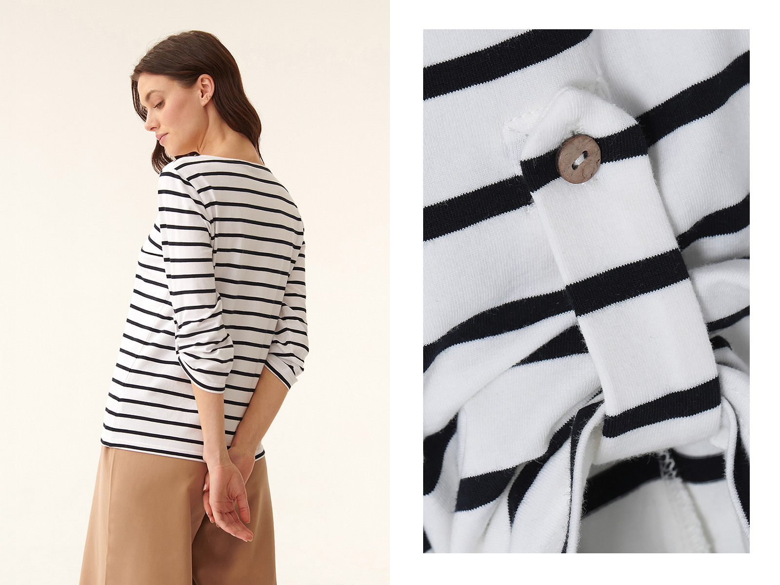 Kobieta w dzianinowej, białej bluzce w czarne paski