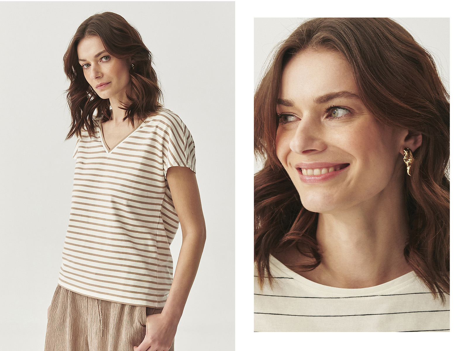 Kobieta w bluzce z krótkim rękawem w beżowe paski