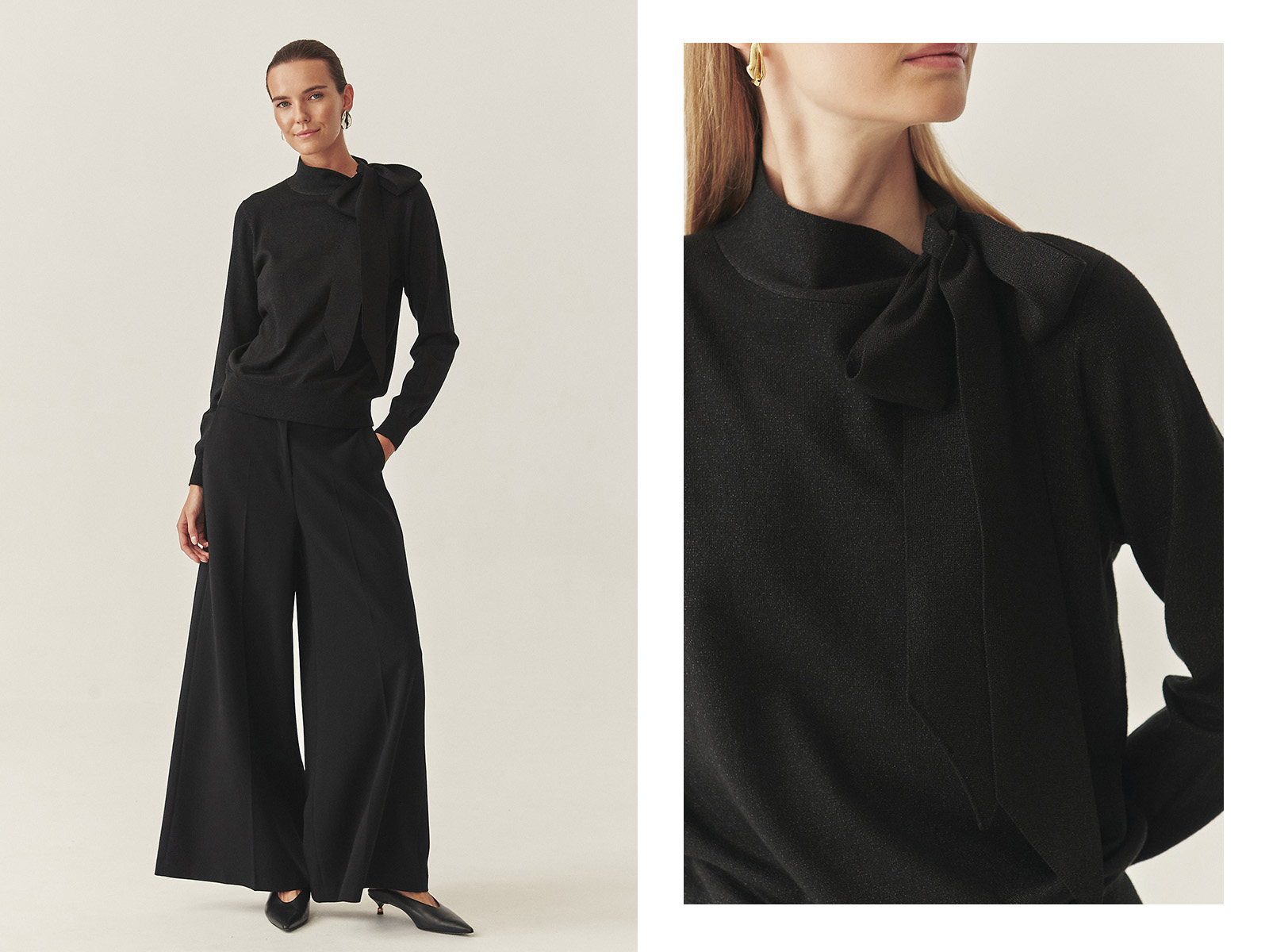 o femeie îmbrăcată într-o bluză neagră elegantă și pantaloni negri