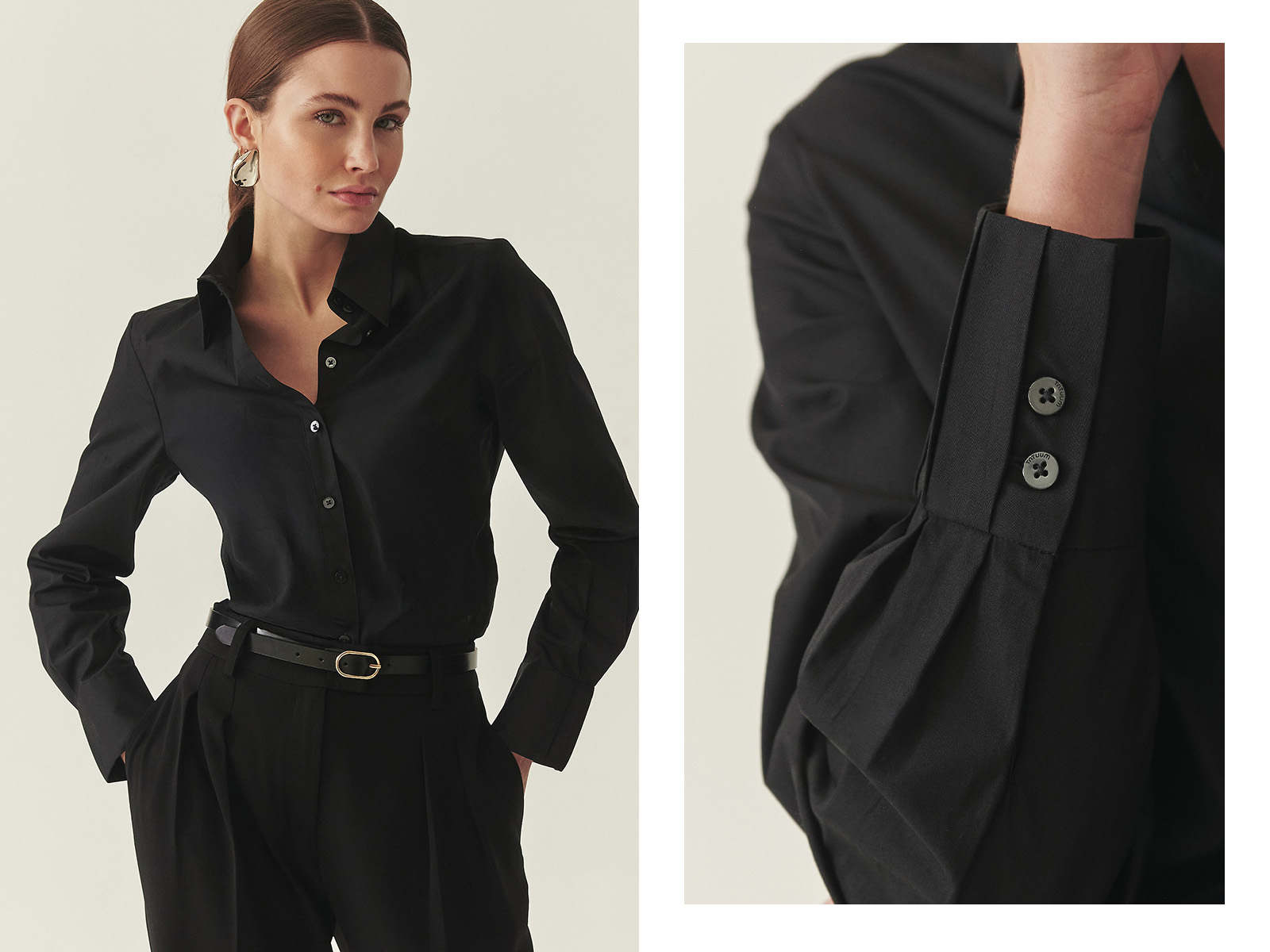 o femeie într-o cămașă neagră elegantă