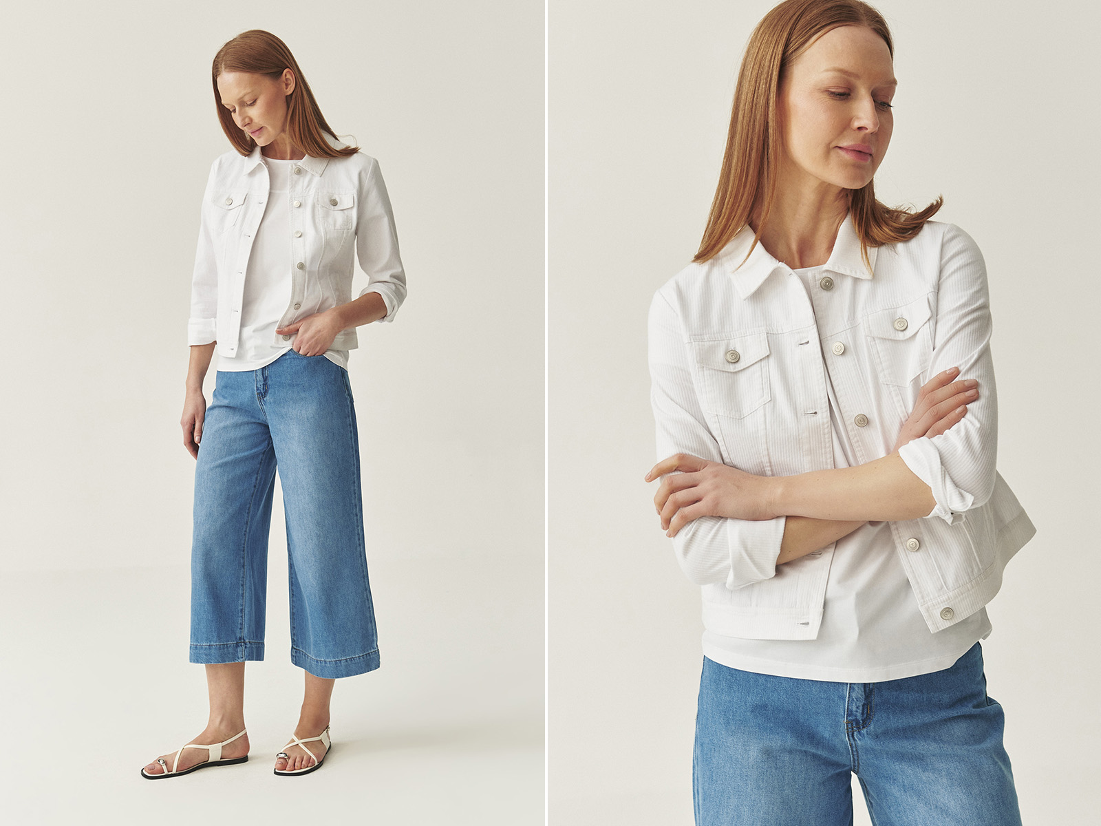 Femeie în jachetă albă din denim și blugi evazați, într-o ținută casual de vară.