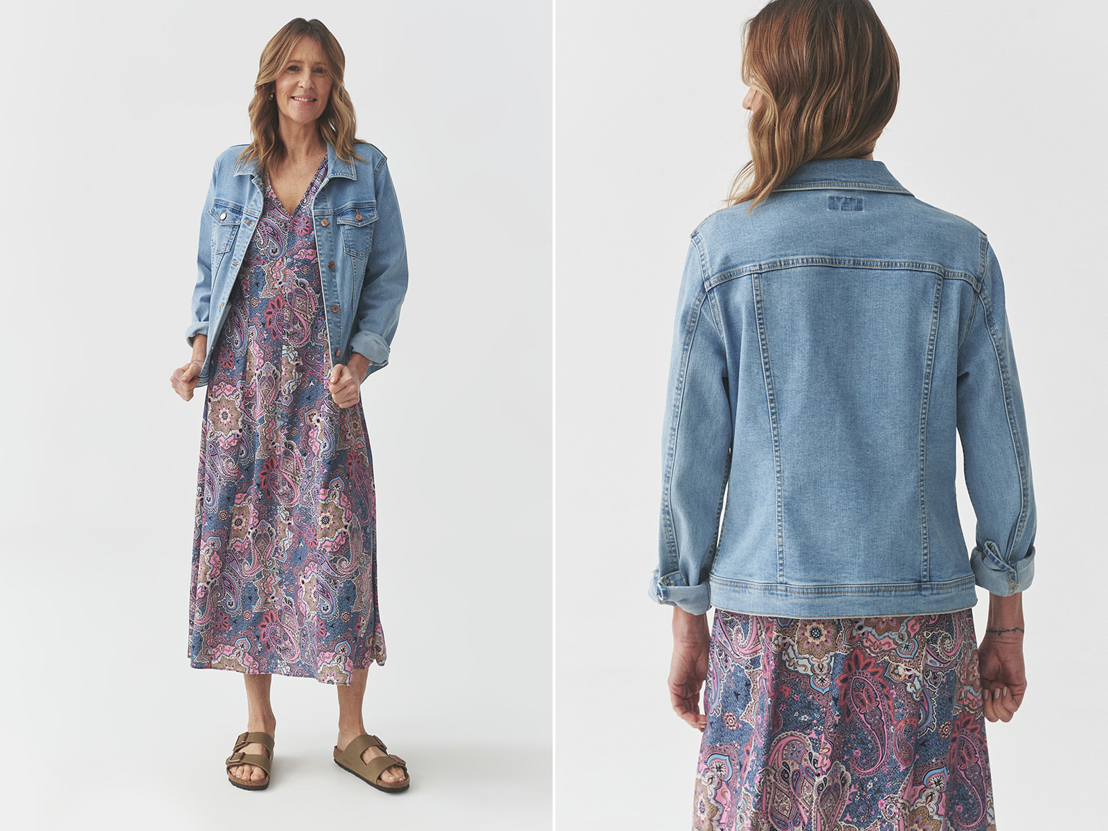 Femeie în rochie lungă cu imprimeu paisley și jachetă din denim, pozând din față și din spate.