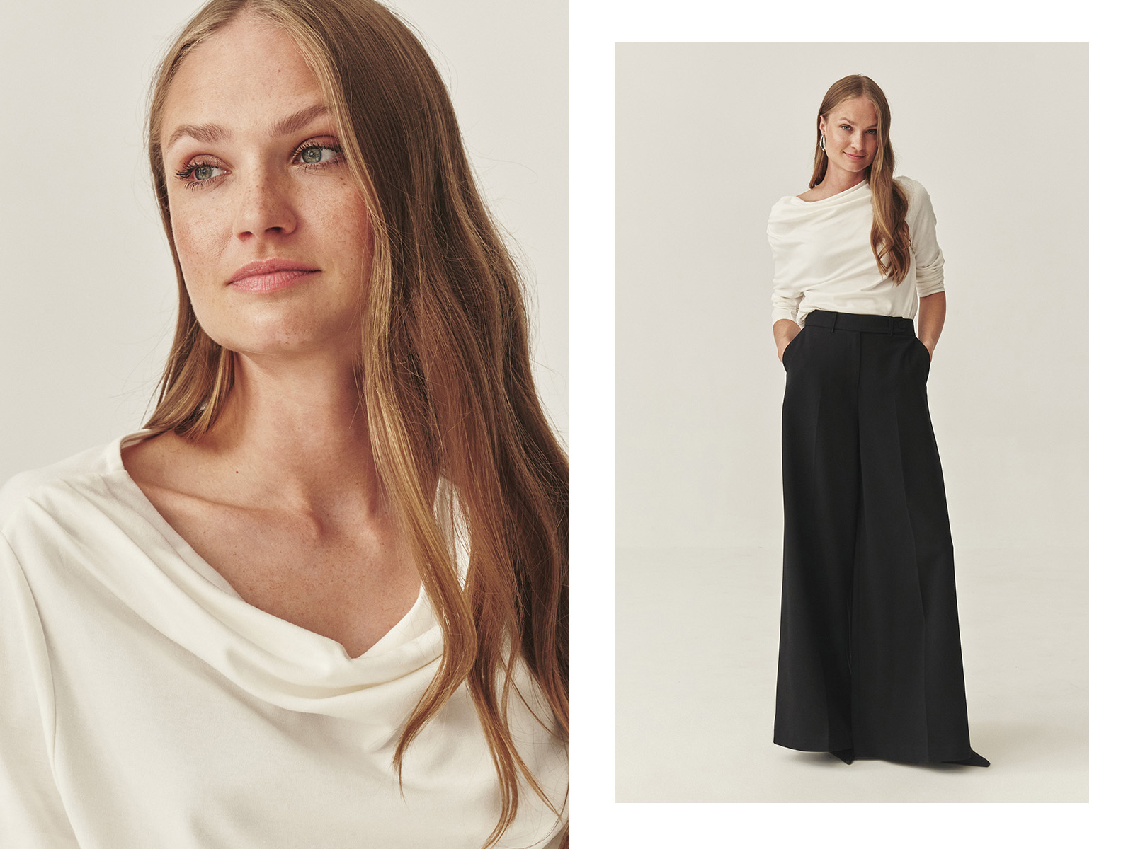 Un model îmbrăcat într-o bluză albă și pantaloni negri eleganți, cu croi larg
