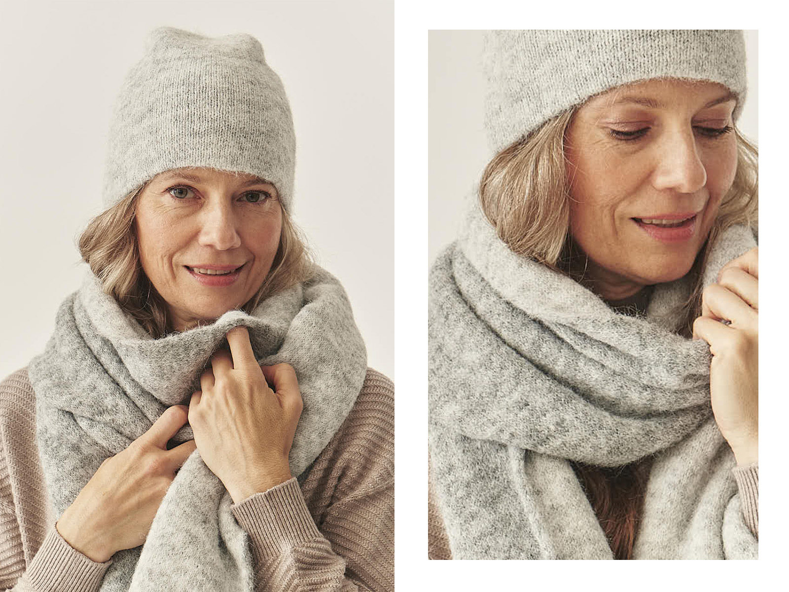 žena v pletené šedé čepici a šále