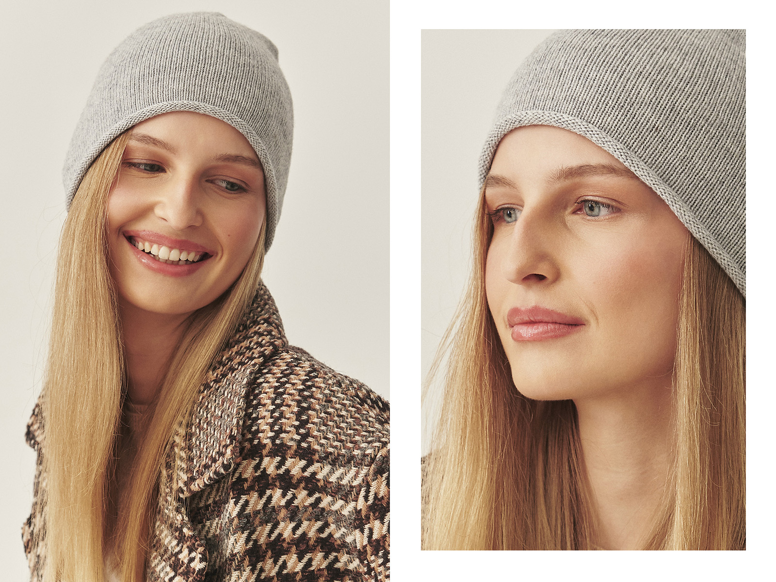 žena v šedé vlněné čepici