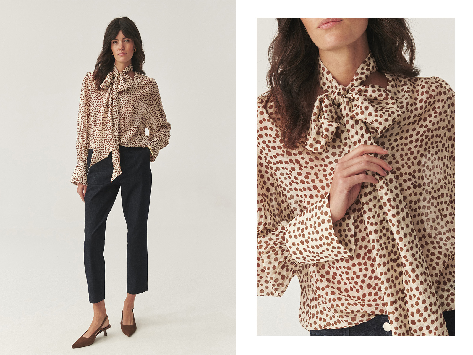 Kobieta w eleganckiej koszuli z ozdobnym wiązaniem przy szyi