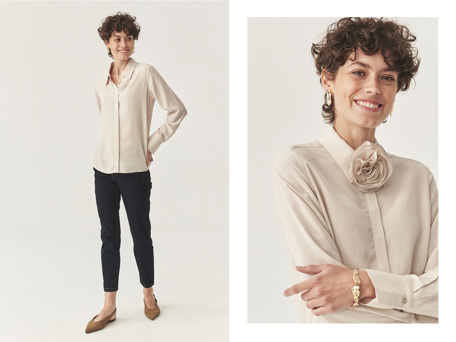 Kobieta w beżowej koszuli z ozdobnym materiałowym kwiatem przy szyi