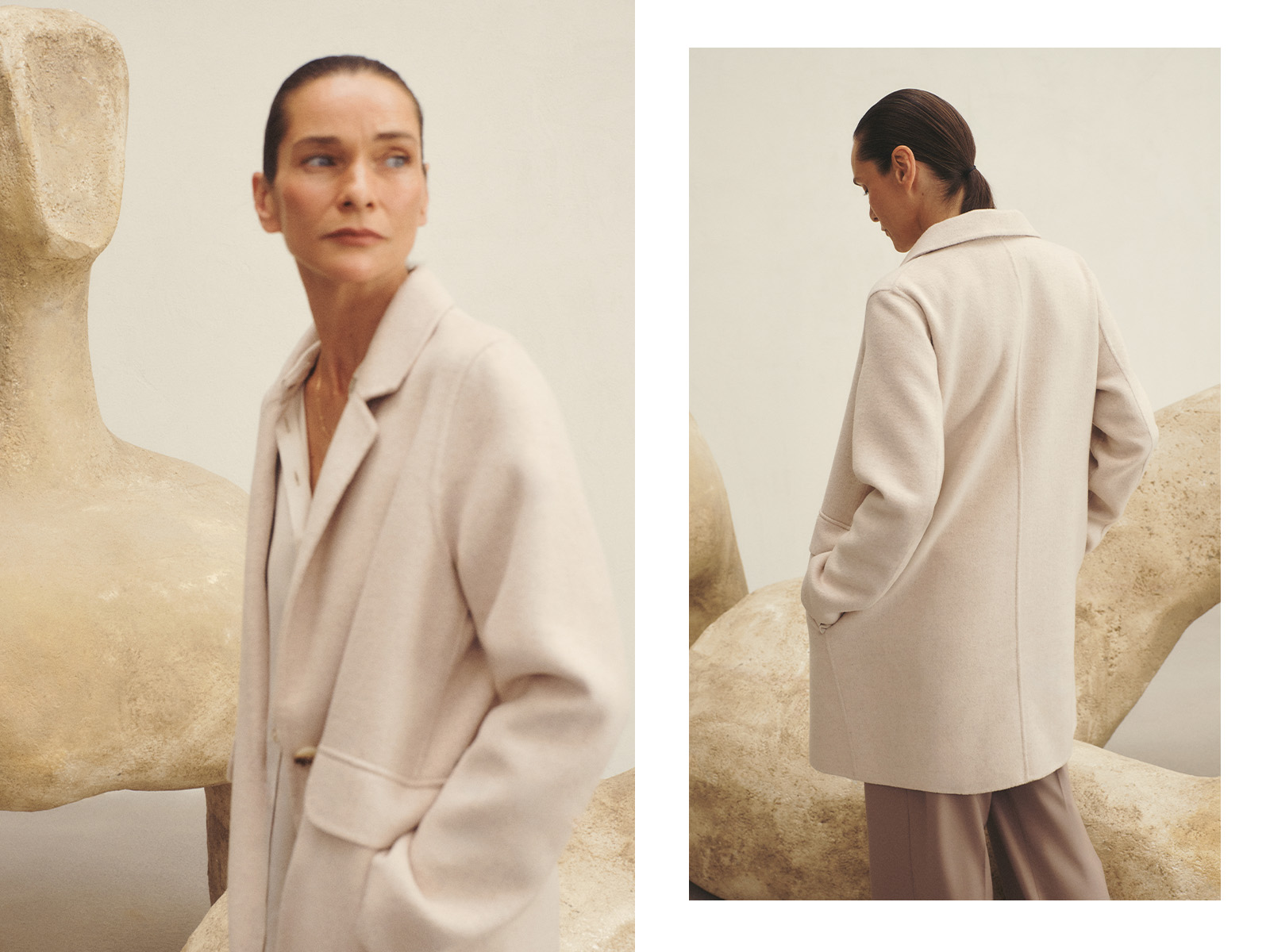 femeie în picioare, îmbrăcată într-un palton, vedere din față și din spate